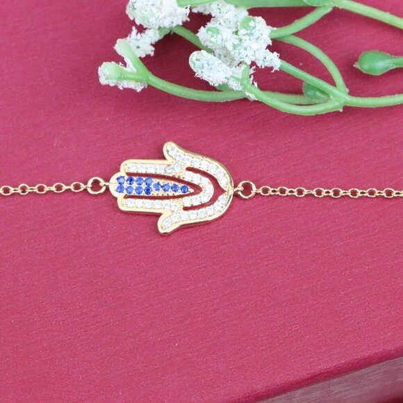 "Elegant Hamsa Hand Charm Rose Gold Bracelet with Blue Accents, XPBL0852 - Picture 11 of 12